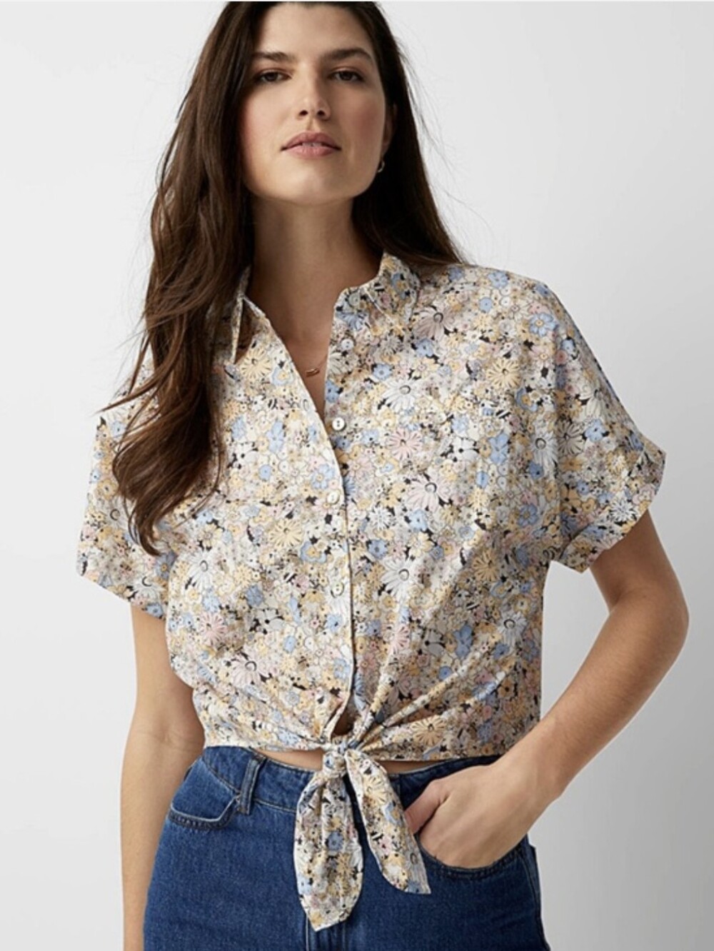 Simons Contemporaine Floral Tie Front Button Down Shirt